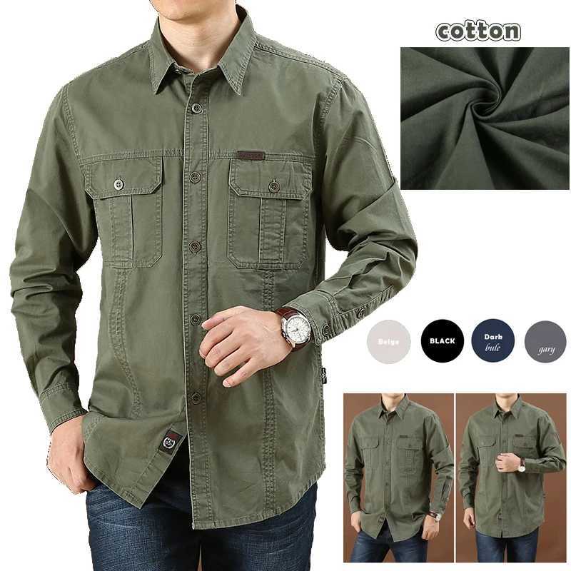 Mens work shirt casual long sleeved loose pocket button up collar shirt fashionable solid color military tactical shirt W250103