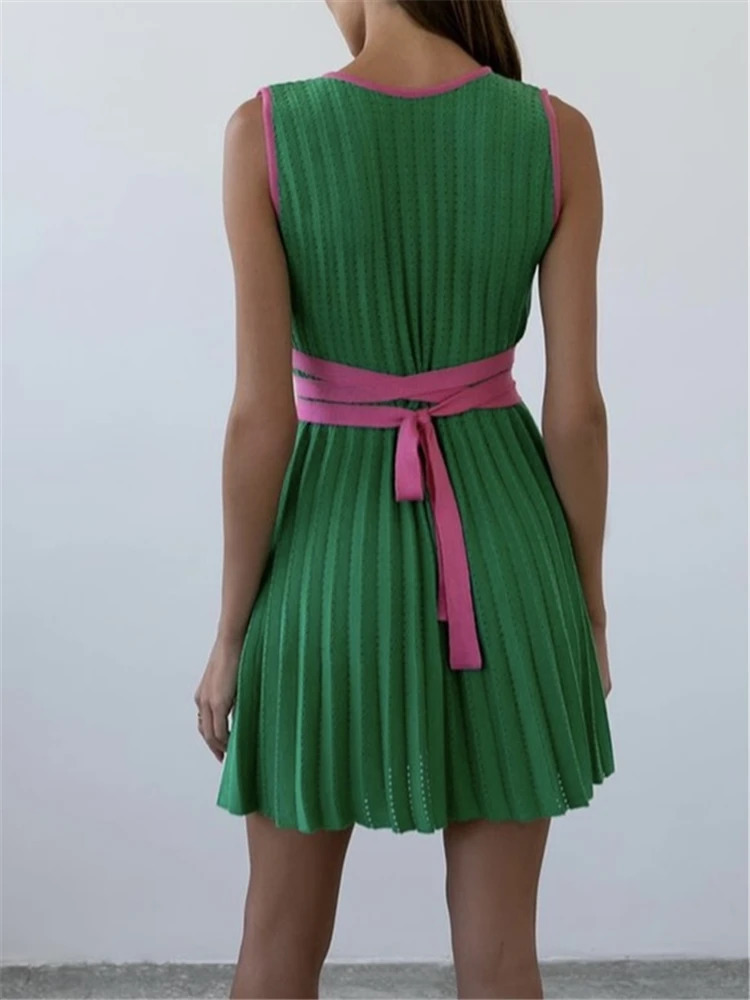 REALEFT Summer Deep V-Neck Knitted Womens Dresses High Waist Lace Up Casual Sleeveless Solid Sexy Mini Dresses Female Ladies 250102
