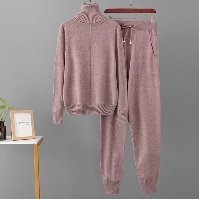 2023 2 Pieces Set Women Knitted Tracksuit Turtleneck Sweater Carrot Jogging Pants Pullover CHIC Outwear 241223