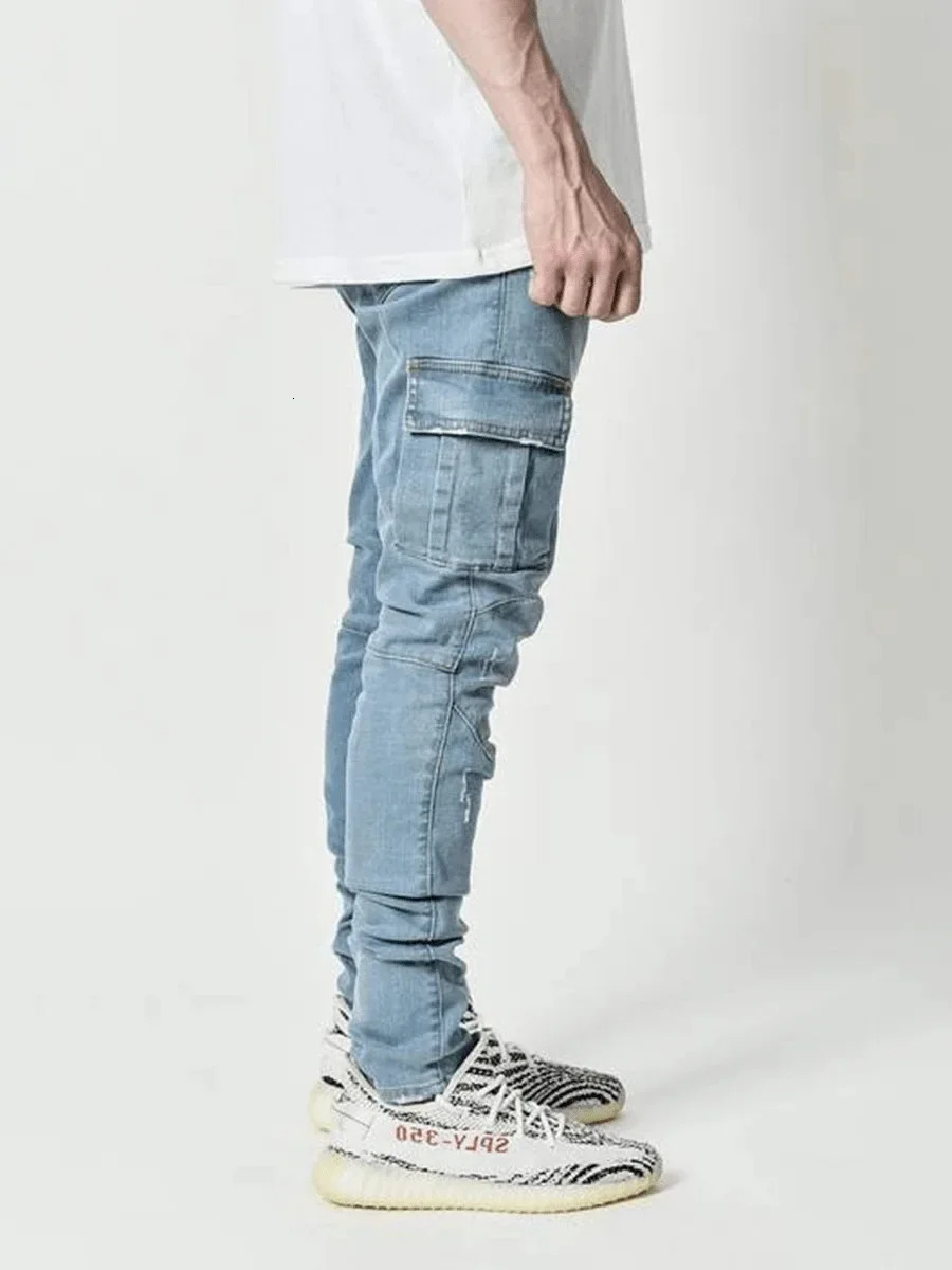 Mens Stretch Jeans Black Big Side Pockets Cargo Jeans Fashion Zipper Small Foot Denim Pants Elastic Jogging Trousers Streetwear 241230