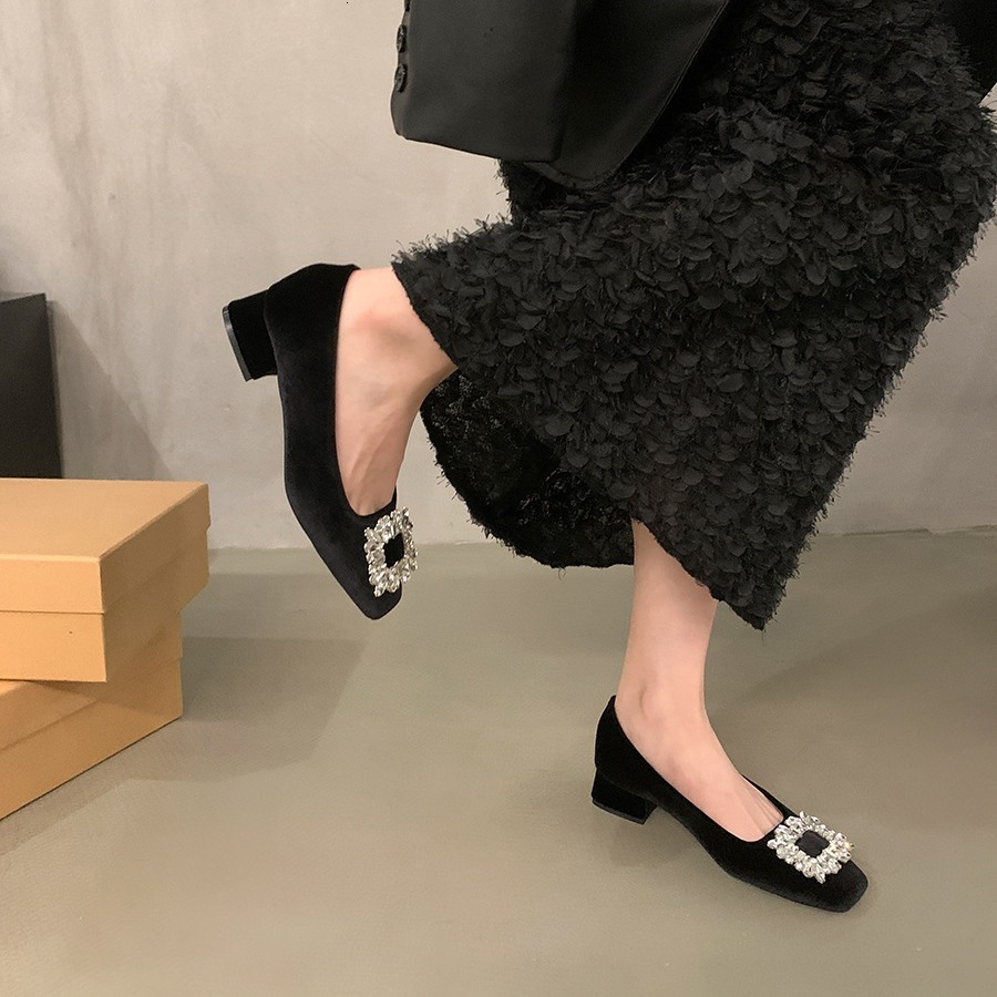 2024 New Women's Heeled Single Fashion Rhie Square Toe Thick Heel Pumps Ladies Shallow Work Shoes Atos De Mujer