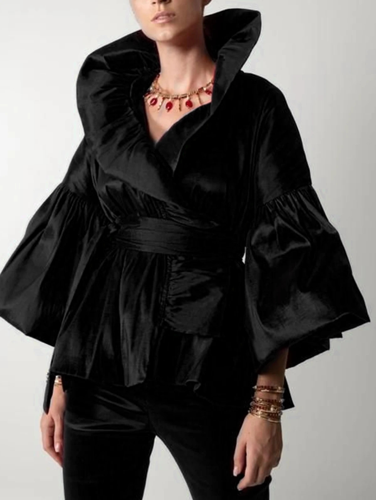 Casual Puff Long Sleeve Ruffle Shirt Office Womens Solid Color Womens Wrapped Shirt Flip Collar Elegant Shirt Womens Fashion 250102