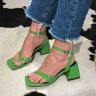 Ankle Strap High Heels Women Sandals Summer Shoes Square Toe High Heel Party Dress Shoes Narrow Band Sandal NewX250102
