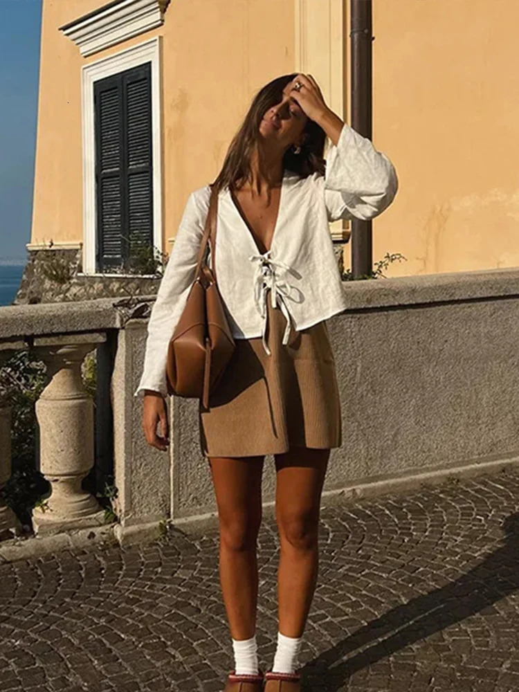 Summer White Lace Womens Elegant Loose Long Sleeve V-neck Shirt Womens Solid Waist Street Fashion Womens Top 250102
