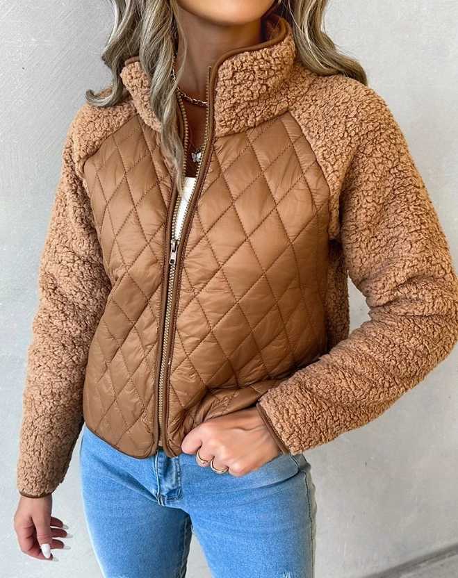 Winter Womens Zipper Design Patch Work Teddy Puff Coat Temperature Womens Clothing Casual Long Sleeve Jacket M250103