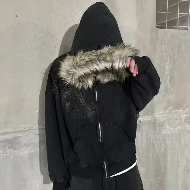 Winter Men Fashionable Fur Collar Hat Hoodie Y2k Street Retro Warm Cardigan Loose Hoodie Street Skull Print Zipper Sweatshirt 241231