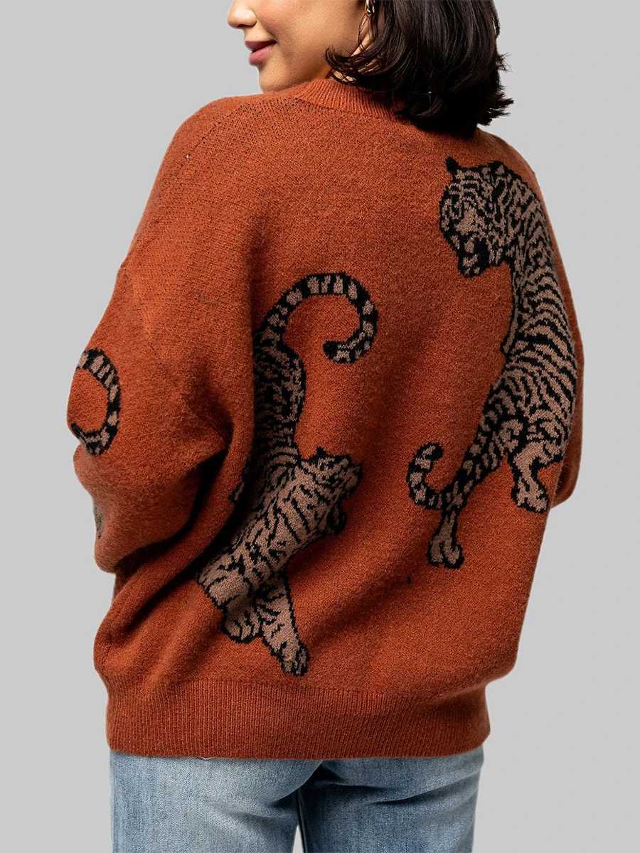 Womens button sweater for autumn casual lightweight tiger print long sleeved knitted cardigan for spring warmth knitted cardigan M250102
