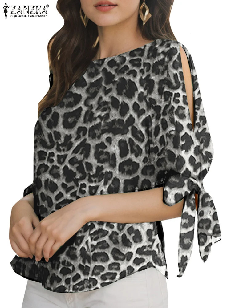 ZANZEA Summer Leopard Pattern Shirt Womens Elegant Half Sleeve Work Shirt Fashion Lace Holiday Top Bohemian Style Blue 250102