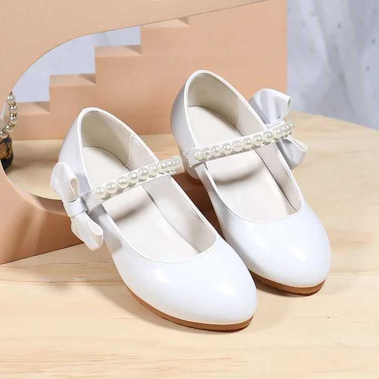 Childrens shoes pearl white girl leather shoes white bow spring and autumn childrens high heels princess performance shoes M250103