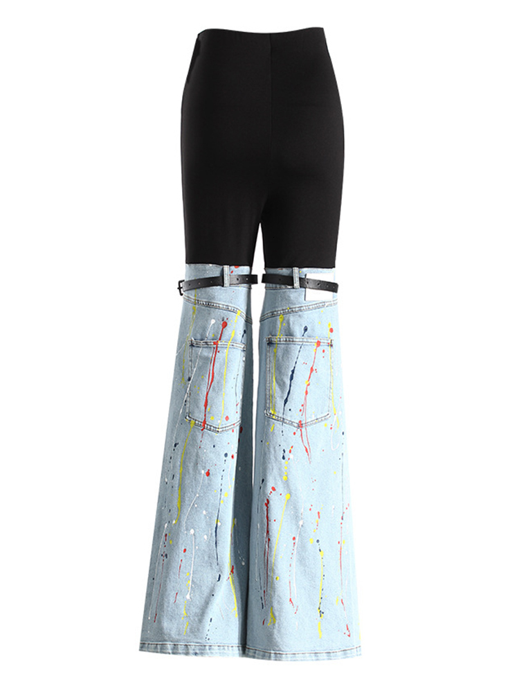 TWOTWINSTYLE Hit Color Temperament Spliced Belt Denim Pants For Women High Waist Casual Jeans Female Fashion Style Clothes New