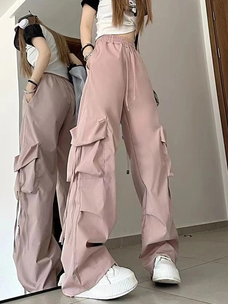 Y2K womens cargo pants brushed retro solid color luggage straight three person street clothing casual wide leg high waist sports pants 250102