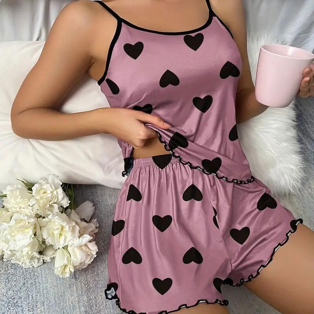 Women Satins Pamas Set Cute Sexy Soft Cozy Thin Type Casual Printed Camisole Sleepwear With Shorts For Home Daily Wear