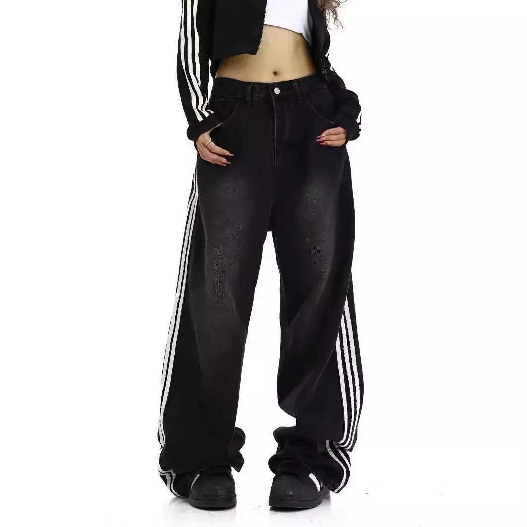 Retro striped jeans mens loose fitting straight leg sports pants high street Vibe fashionable casual bell bottom W250103