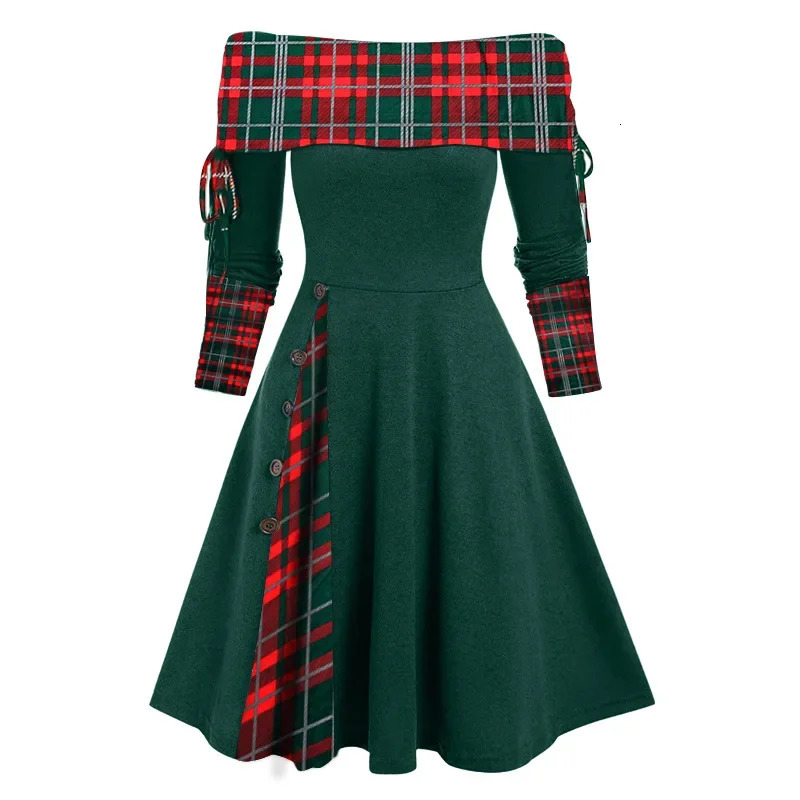 Fashionable womens autumn/winter shoulder long sleeved dress with a fitted waist and a large swing 250102