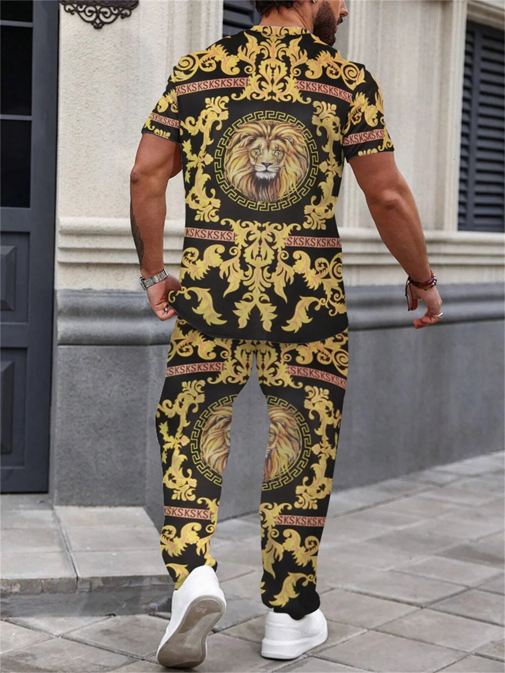 Summer Mens Short Sleeves and Pants Power Lion Print Retro Style Mens Fashion Pants and Short Sleeves 2-piece Set 250102