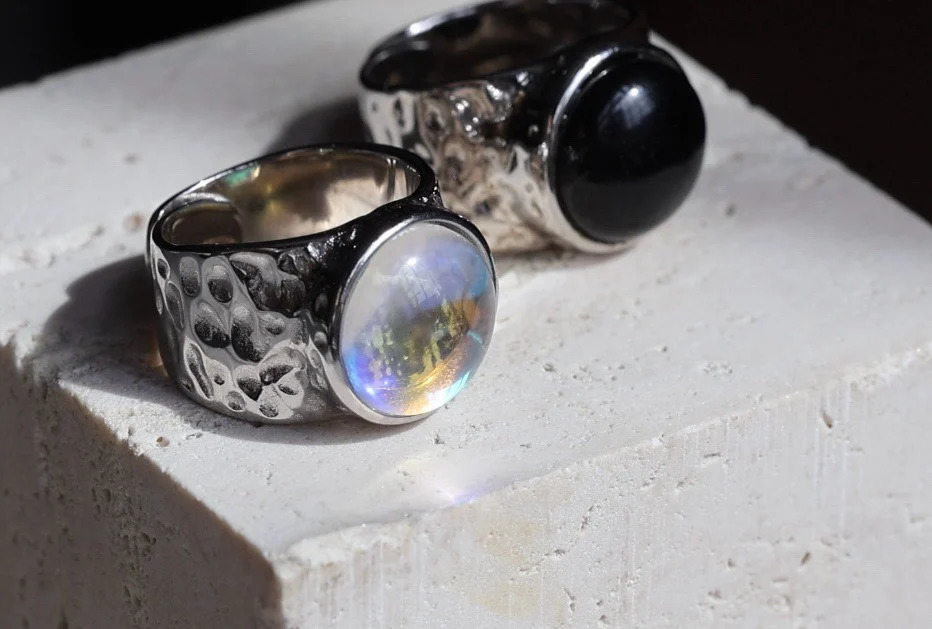 Temperature Elegant Fashion Personalized Retro Natural Obsidian Moonstone Ring Open Ring 250102