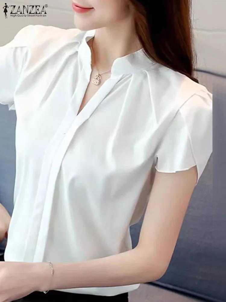 ZANZEA official office V-neck blue womens chiffon shirt elegant pleated short sleeved top summer solid pleated shirt 250102