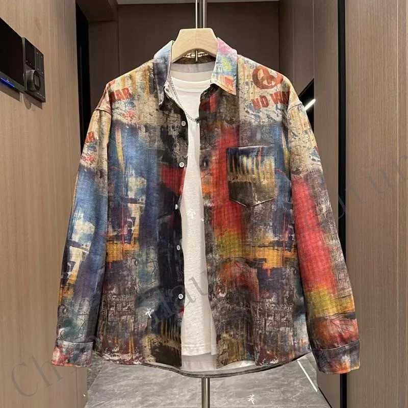 Mens Autumn Fashion casual shirt new style painted halo ethnic print high-end loose casual jacket W250103
