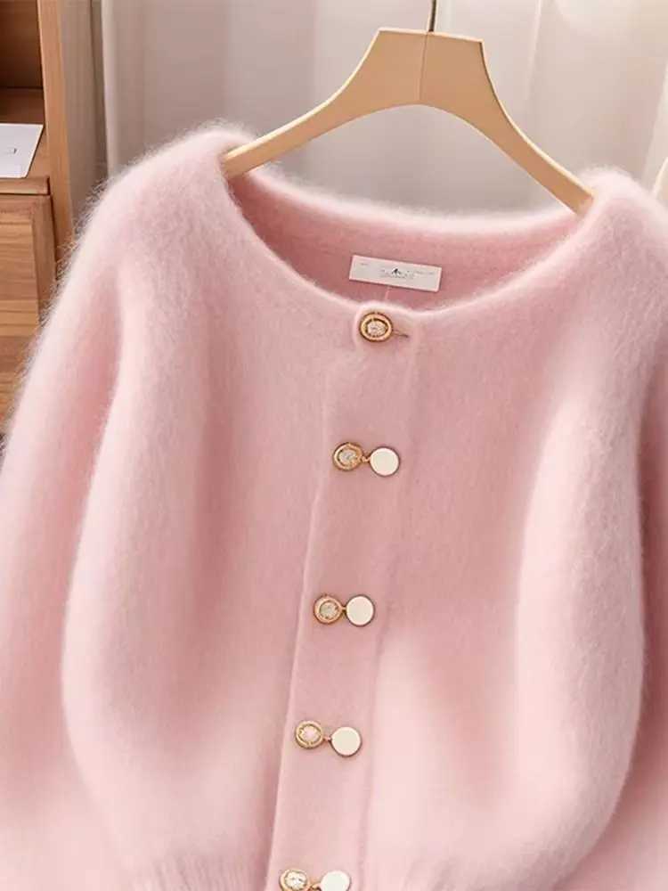 New winter sweater cardigan wool sweater womens fashionable casual pink round neck loose thick warm knit womens sweater womens top M250102