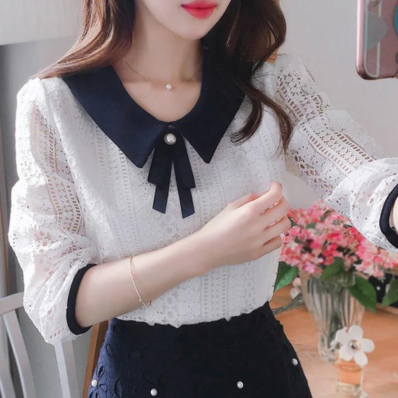 Womens Spring and Autumn Style Lace Shirt Womens Peter Pan Necklace Solid Color Half Sleeve Elegant Lace Top SP8676 250102