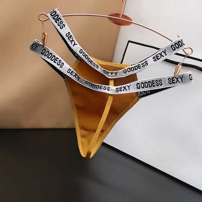 Womens silky smooth hollow underwear fashionable solid color cotton low waist letters sexy satin thong for fun girls W250103