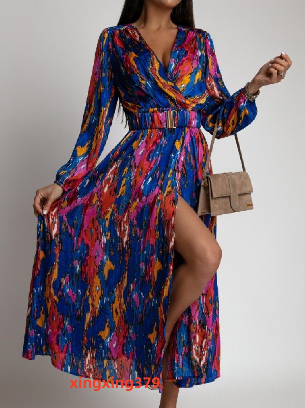 Casual Dresses BOHO INSPIRED MULTICOLORED FLORAL PRINT summer DRESS women buttons down belted long sleeve woman dress elegant ladies dress 0830