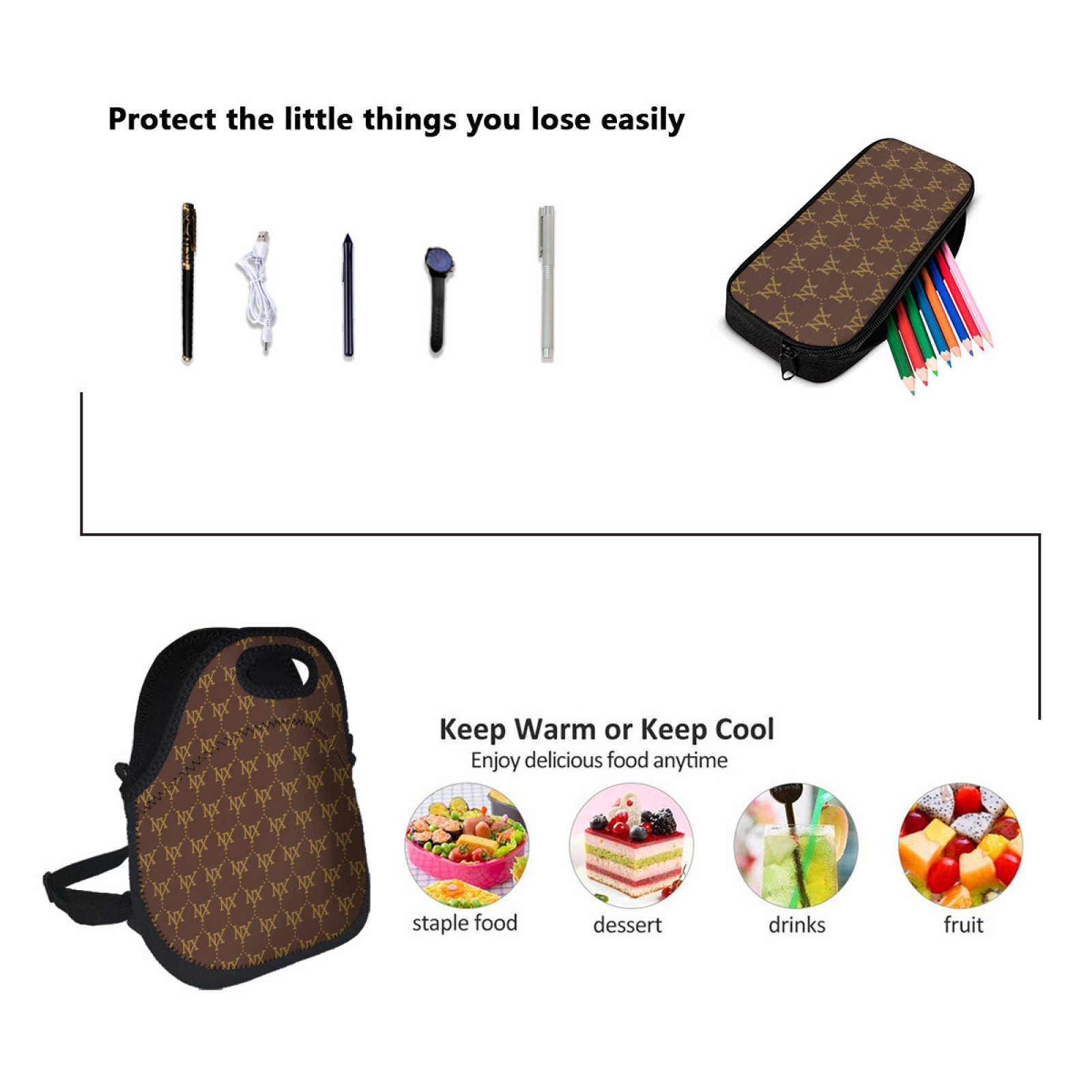 NXY Meal Bag And Pencil Bag Set Champagne Lunch Bags Men Women Warm Cooler Insulated Boxes For Picnic Camping Work Travel