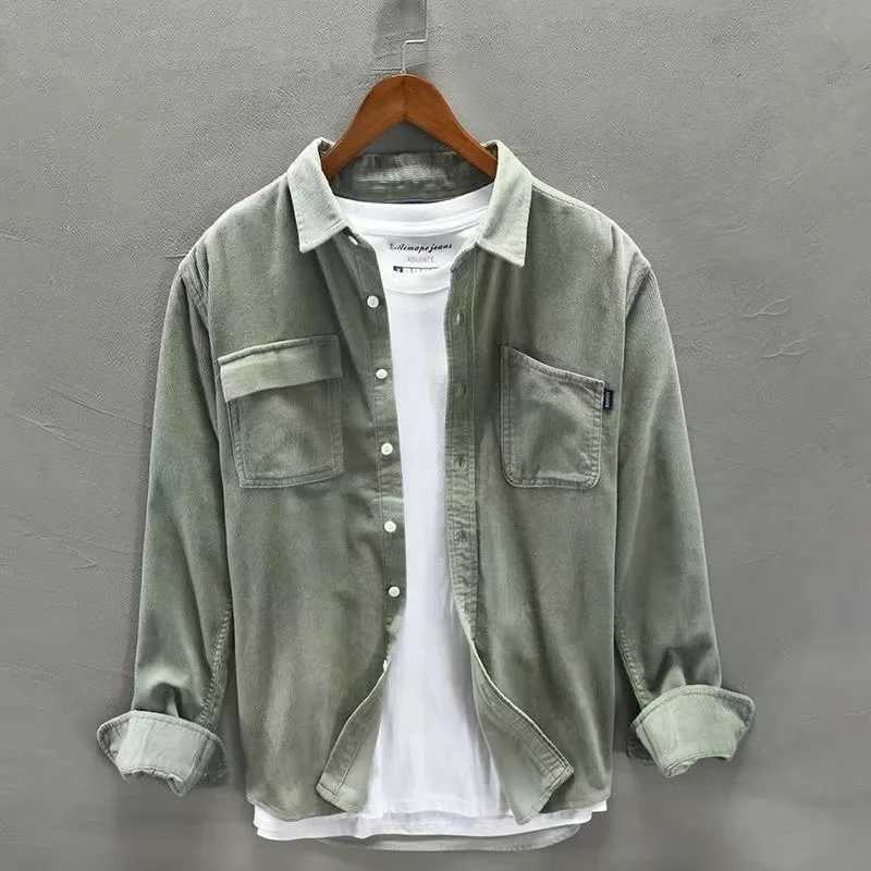 Korean retro Corduroy shirt mens cargo jacket casual spring long sleeved loose casual shirt jacket Y2k fashionable mens clothing W250102