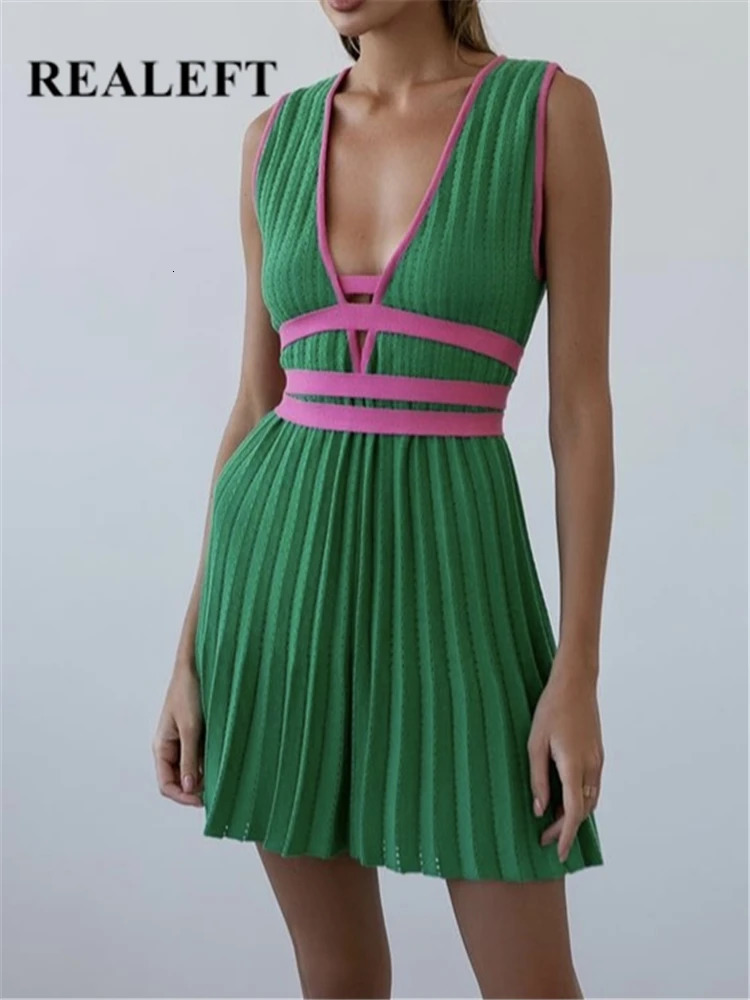 REALEFT Summer Deep V-Neck Knitted Womens Dresses High Waist Lace Up Casual Sleeveless Solid Sexy Mini Dresses Female Ladies 250102