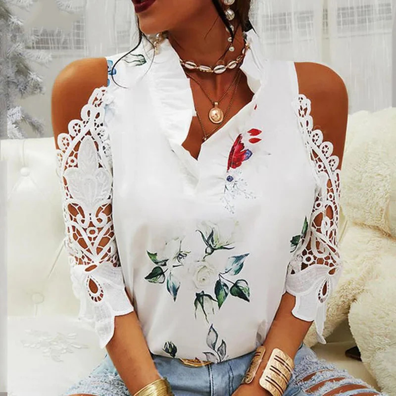 Summer womens strapless top casual sexy hollow flower print womens shirt elegant V-neck short sleeved lace shirt blue 19361 250102