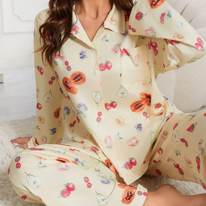 Women Autumn Two Pieces Pamas Set Long Sleeve Pants Cardigan V-neck Thin Loose Homewear With Cartoon Cute Painting