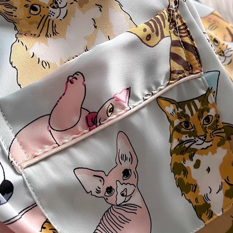 Autumn New Ice Silk Soft Lapel Button Cardigan Sets Women 2 Pieces Cute Cat Printing Pamas For Girls