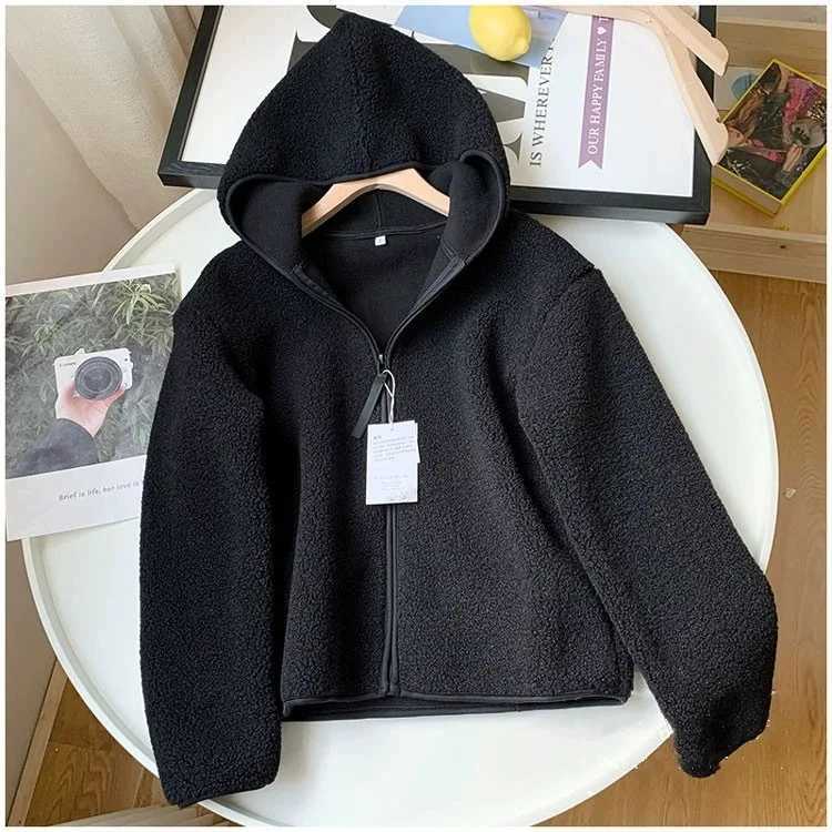 Womens winter wool Sherpa hooded jacket warm plush zipper jacket casual oversized hooded sweater jacket cold weather M250103