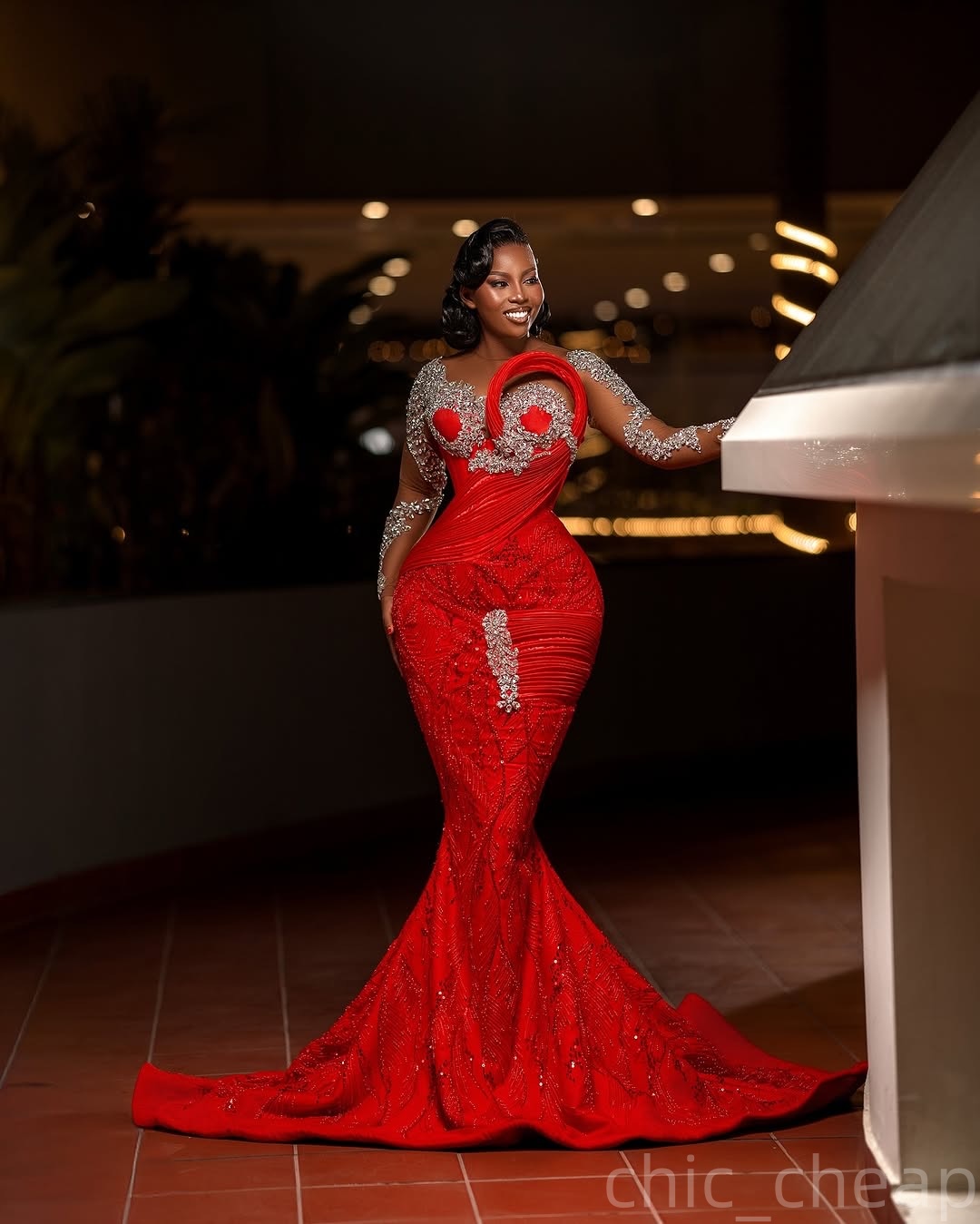 Red Mermaid Prom Dresses 2025 Crystals Lace Full Sleeves Vintage Evening Formal Party Second Birthday Engagement Gowns Plus Size Dress For Special Occ