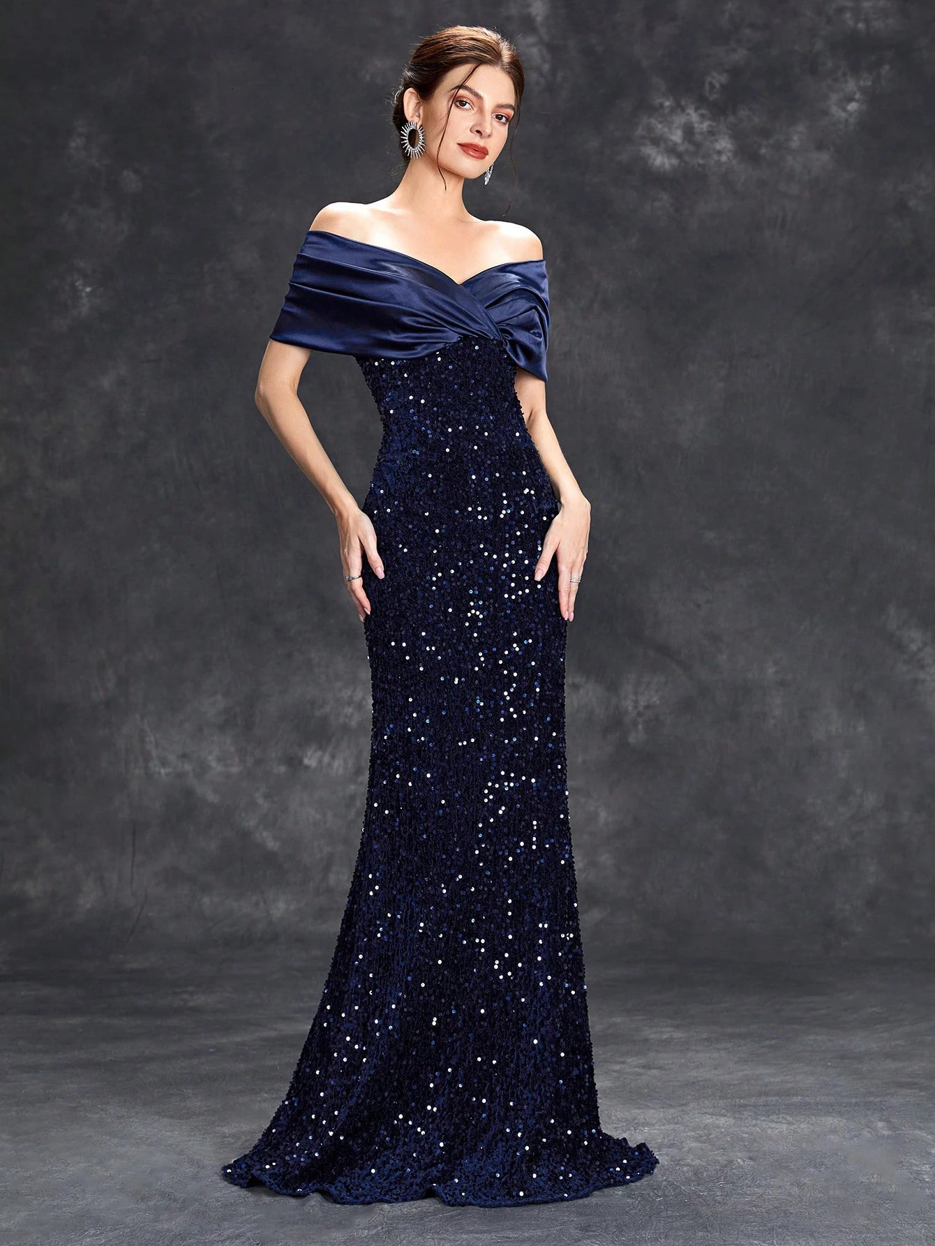 Mgiacy Line Collar Folded Tint Sparkling Velvet Tail Dress Evening Dress Ball Dress Party Dress Bridesmaid Dress 250102