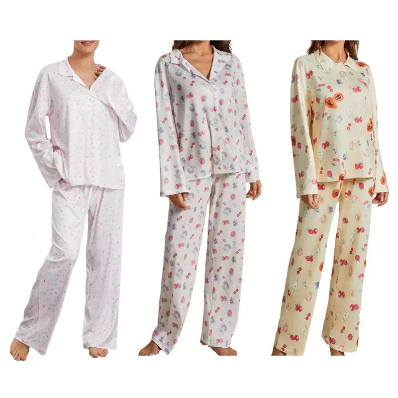 Women Autumn Two Pieces Pamas Set Long Sleeve Pants Cardigan V-neck Thin Loose Homewear With Cartoon Cute Painting