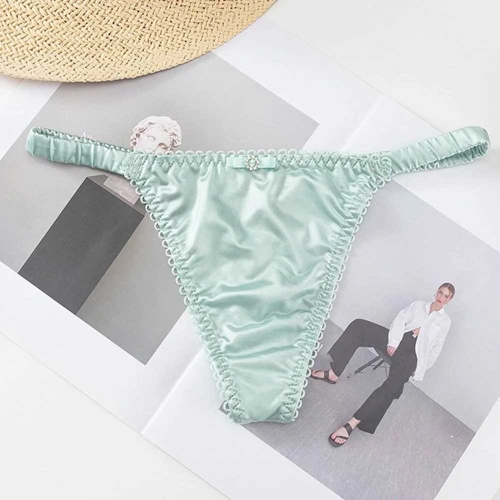 Soft and comfortable suitable for girls low waist underwear solid color thin straps womens thongs satin underwear bow underwear W250103