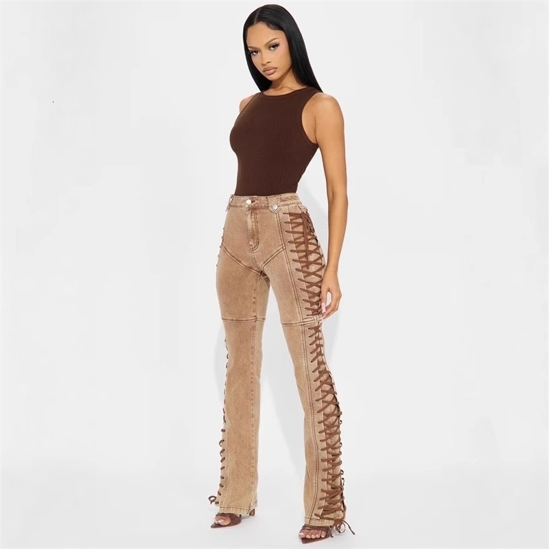 Women Jeans 2025 INS New Fashion Strap Drawstring Hot Girl Jeans Pants 2 Colours