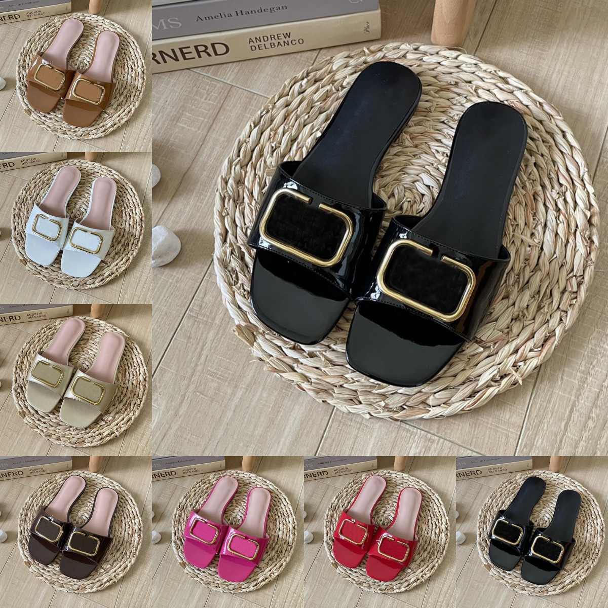 Luxury Slippers Women Designer Sandals Flat Slides Fashion Patent Leather Black White Pink Brown Lady Comfort Mule Casual Summer Beach Letters Flip Flops Scufffs