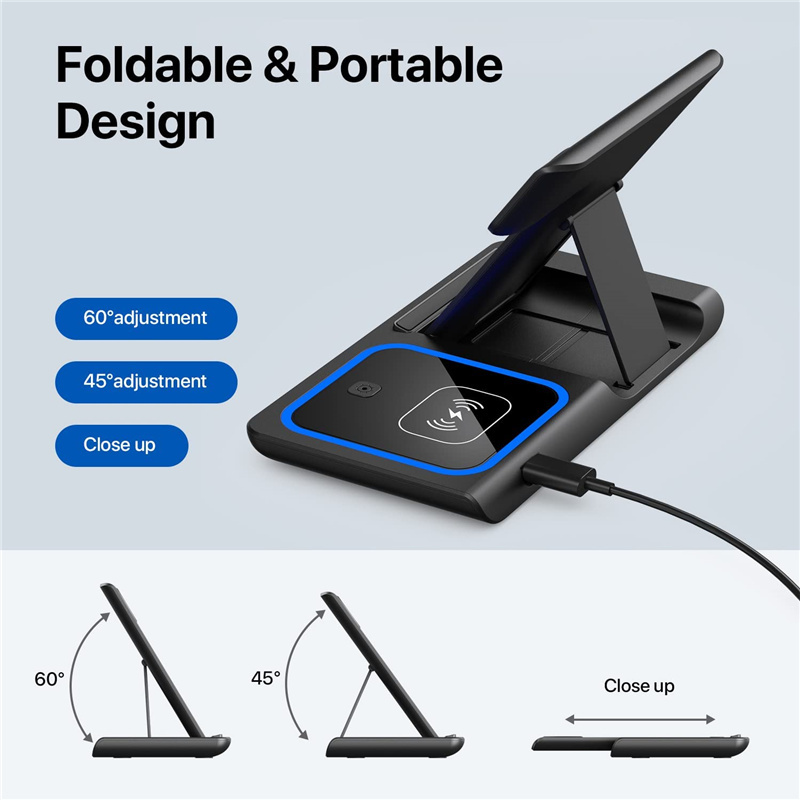 15W LED Fast Wireless Charger 3 in 1 Foldable Charging Station For iPhone 16 15 14 13 12 11 Apple Watch 9 8 7 6 5 Airpods 3 4 Pro 2 With Retail Box