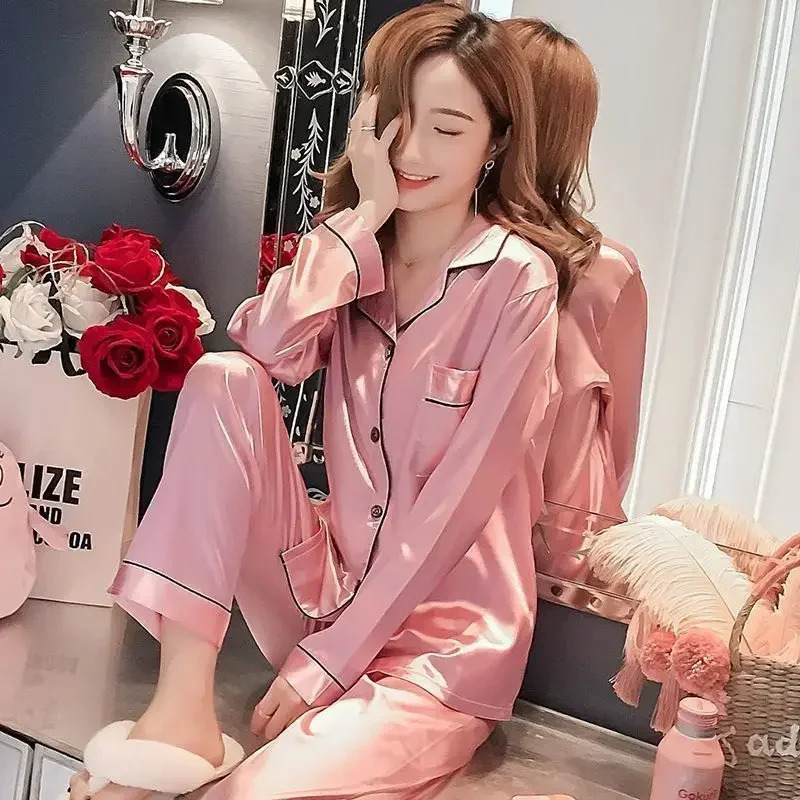 Women Silk Satin Pajamas Pyjamas Set Sleepwear Pijama Couple Suit Drop Sales Loungewear 250103