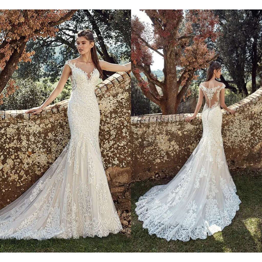 Scoop Neck Lace Mermaid Dresses Tulle Applique Court Train Wedding Bridal Gowns Robe De Mariee