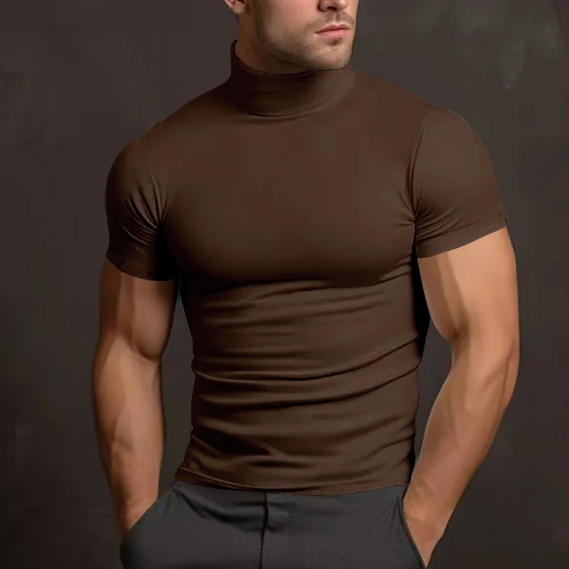 Cross-border 2024 summer solid color short-sleeved fashion bottoming shirt mens tight turtleneck T-shirt 250103