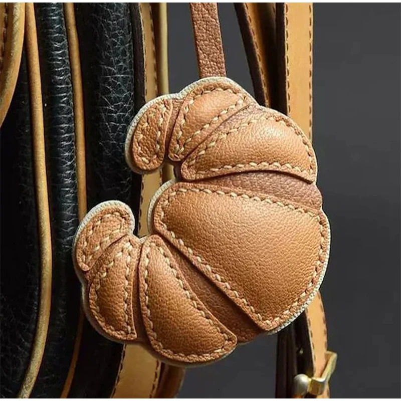 Handmade Leather Sheepskin Croissant Bag Pendant Charm Keychain Mobile Phone Shell Pendant Gift Bag Decoration Accessories 250102