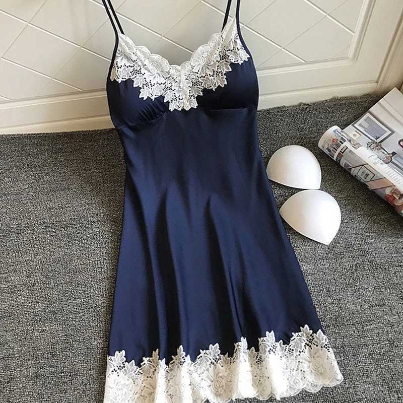 Womens sexy lingerie summer silk evening dress lace patch work mini evening dress spaghetti strap sleepwear womens strap chest pad W250103