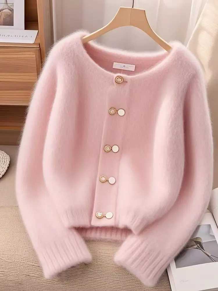 New winter sweater cardigan wool sweater womens fashionable casual pink round neck loose thick warm knit womens sweater womens top M250102