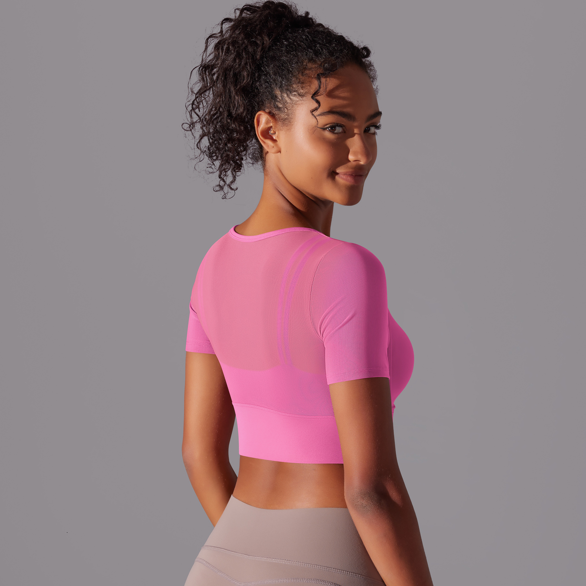 Solid Color Short Sleeve Sexy Double Layer Tank Spliced Mesh Yoga Clothing Top Fiess Running Sports Bra Women