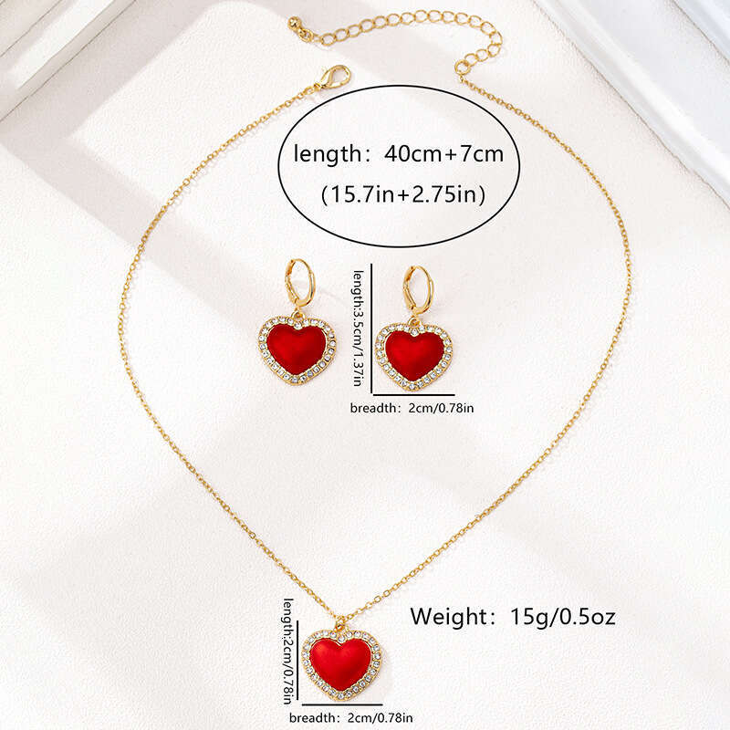 1 of fashionable and exquisite simple metal chain heart-shaped dia inlaid pendant womens earrings necklace jewelry set
