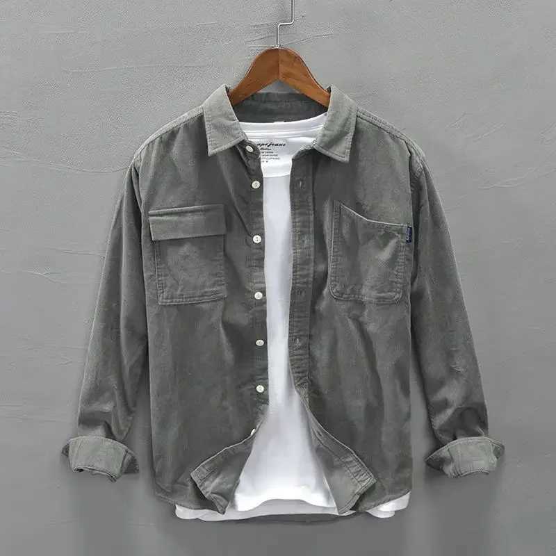 Korean retro Corduroy shirt mens cargo jacket casual spring long sleeved loose casual shirt jacket Y2k fashionable mens clothing W250102