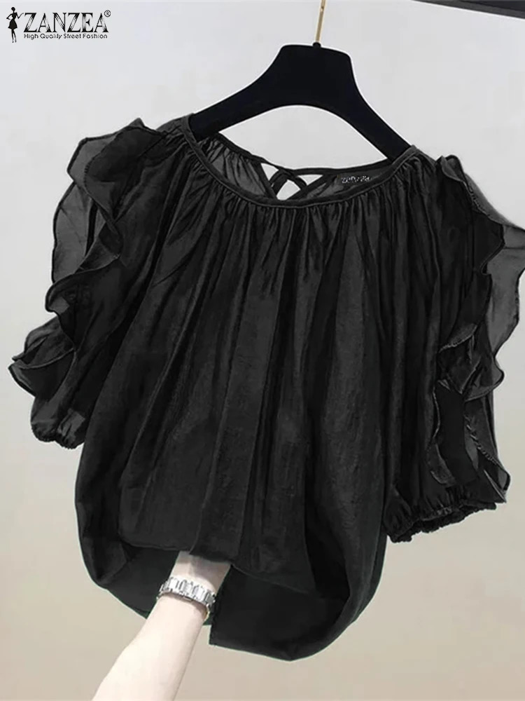 ZANZEA Womens Cold Shoulder Top Fashion Ruffle Half Sleeve Top Strap Ruffle Tuned Summer Casual Loose Shirt 250102